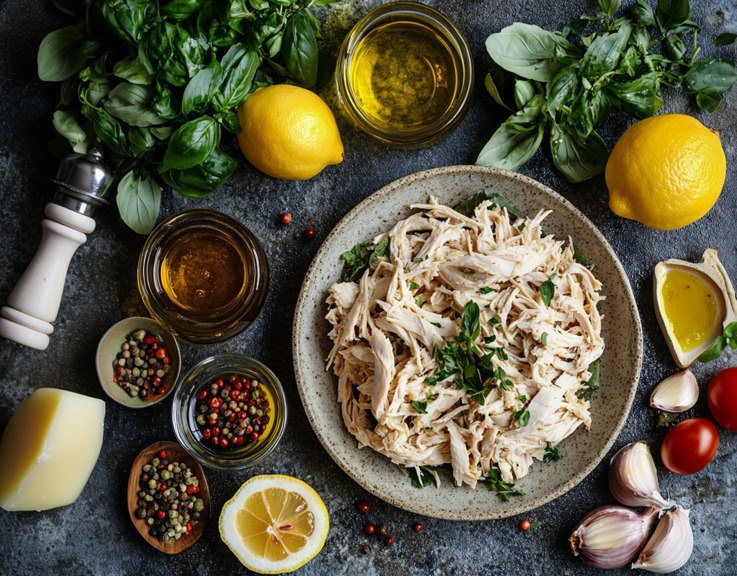 Shredded rotisserie chicken with fresh herbs and ingredients on a kitchen counter