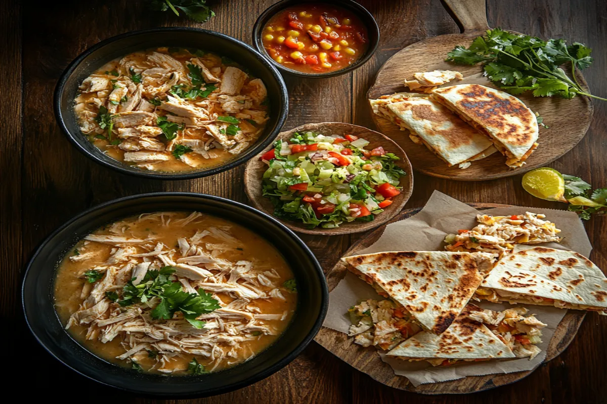 Variety of leftover rotisserie chicken recipes on a wooden table