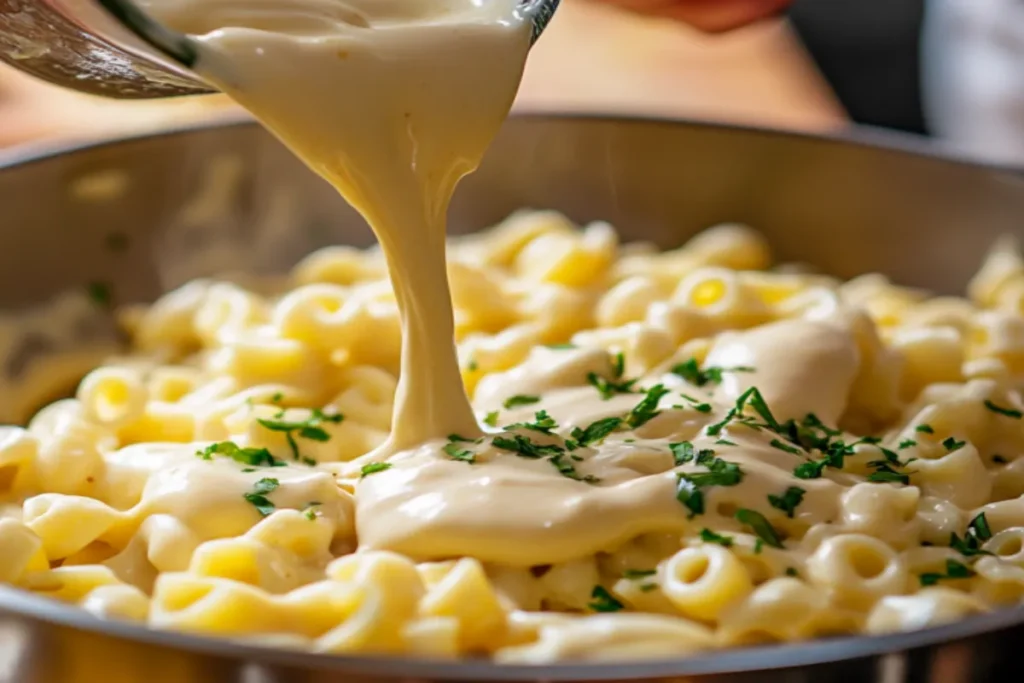 Thick, creamy cheese sauce being poured over cavatappi pasta in a mixing bowl.