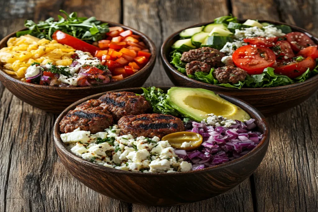 Three different variations of burger bowls for different diets.